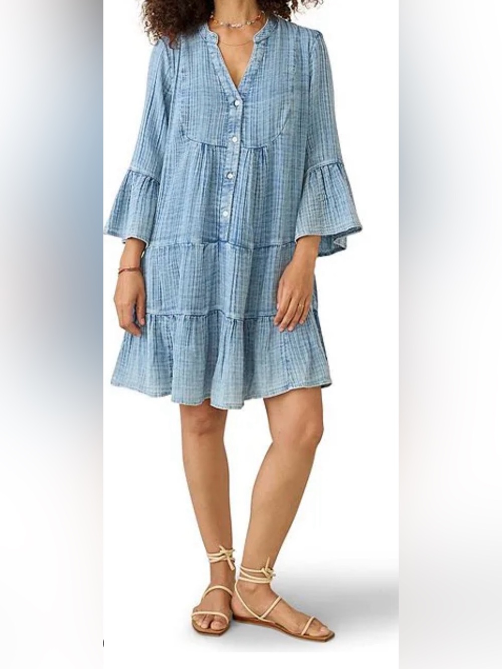 FAHERTY Kasey Cotton Gauze Tiered Dress Light Indigo Wash Women’s Large Boho